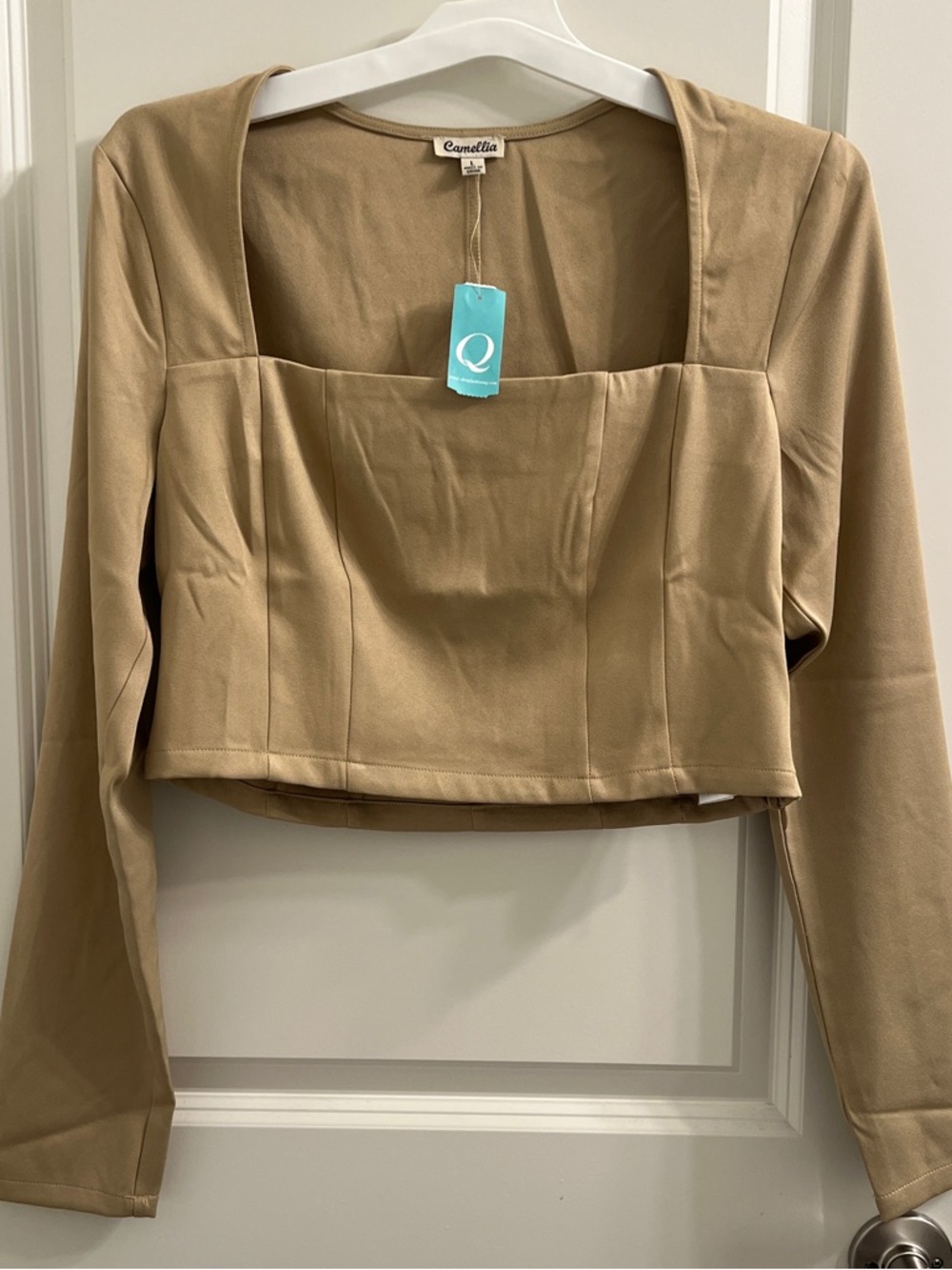 Camellia Tan Square Neck Long Sleeve Crop Top